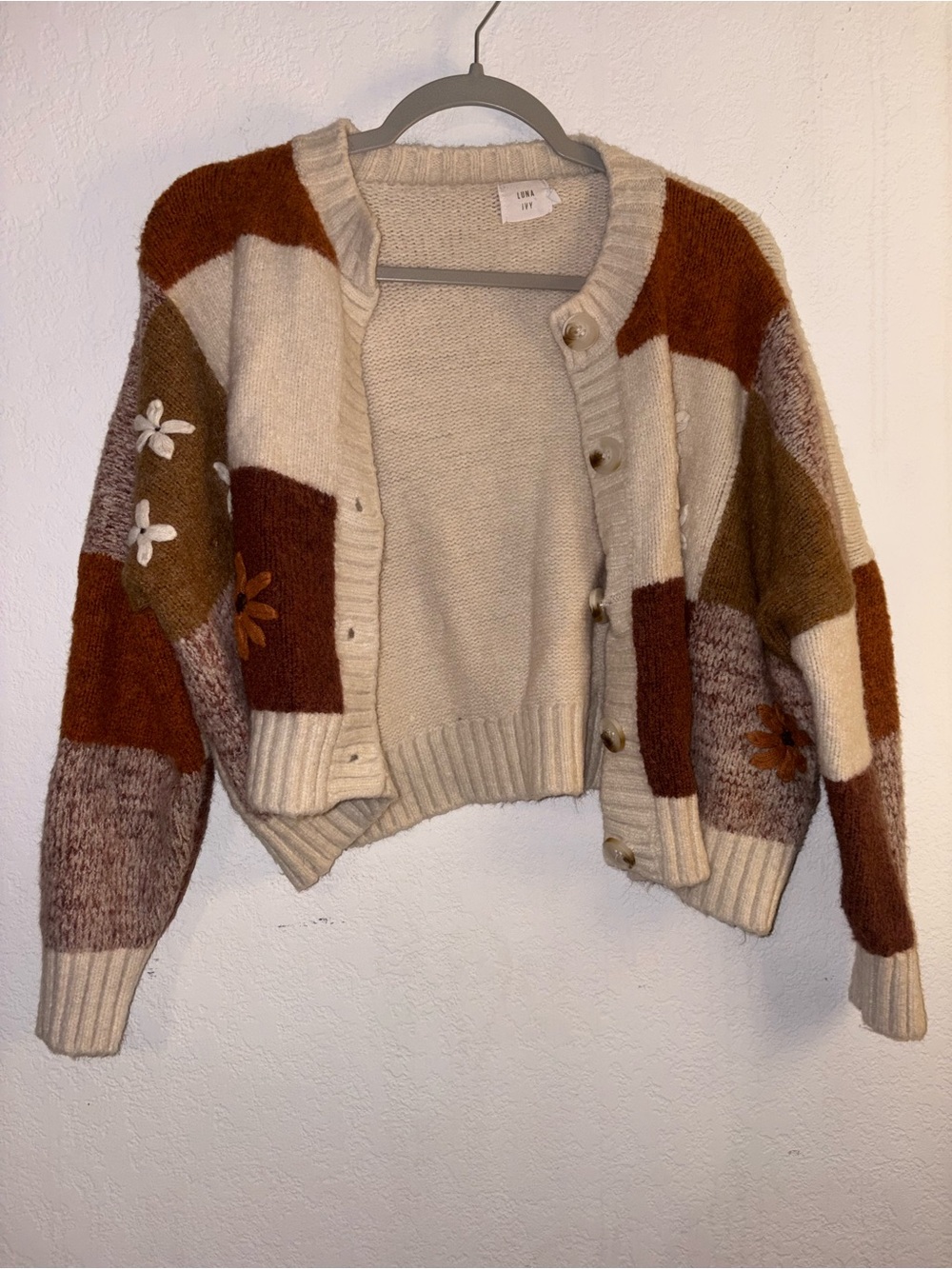 Patchwork Floral Appliqué Button Cardigan Sweater - Cream & Brown